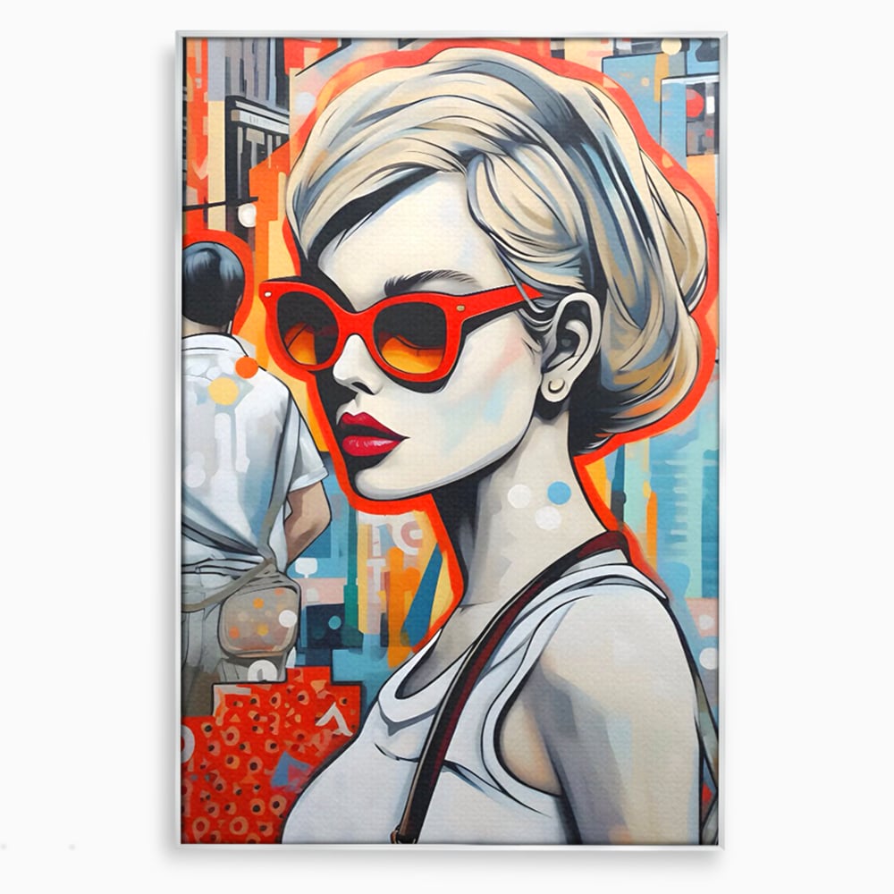 Tablou canvas cu tablou canvas cu portret stilizat de femeie, in rama de aluminiu argintiu